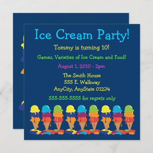 Uitnodiging voor kleurrijke Ice Cream-partij (Voorkant / Achterkant)
