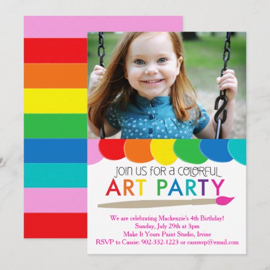 Uitnodiging voor kleurrijke kunstpartij (Voorkant / Achterkant)