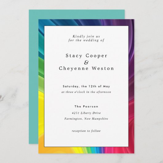 Uitnodiging voor kleurrijke regenboogbruiloft (Voorkant / Achterkant)