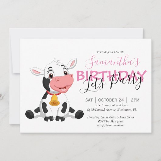 uitnodiging voor koe verjaardagsfeestje voor meisj (Voorkant)
