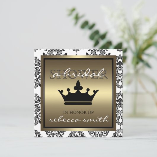 Uitnodiging voor koningin Bridal - zwart en goud (Staand voorkant)