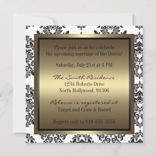 Uitnodiging voor koningin Bridal - zwart en goud (Achterkant)