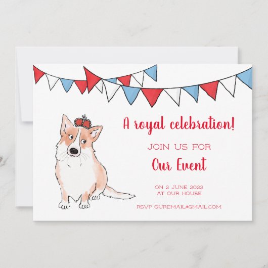 Uitnodiging voor koninklijk corgi-feest (Voorkant)