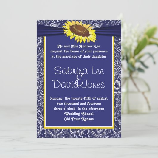 Uitnodiging voor koninklijke blauwe en gele zonneb (Staand voorkant)