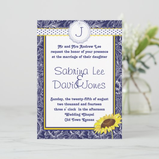 Uitnodiging voor koninklijke blauwe en gele zonneb (Staand voorkant)