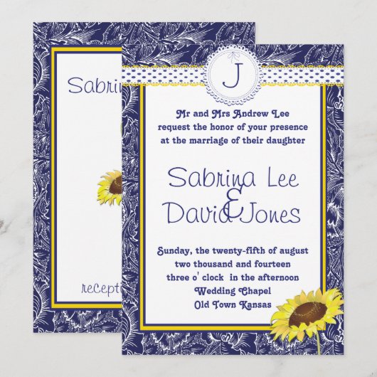 Uitnodiging voor koninklijke blauwe en gele zonneb (Voorkant / Achterkant)