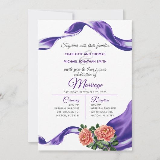 Uitnodiging voor koninklijke Paarse ribbon en Flor (Voorkant)