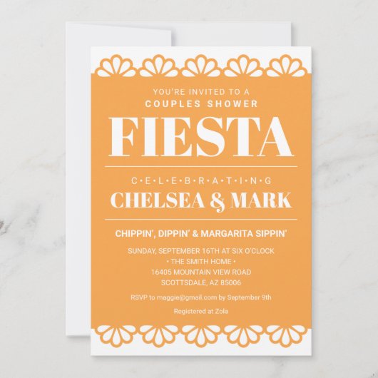 Uitnodiging voor koppel-bruisfeest met Papel Picad (Voorkant)