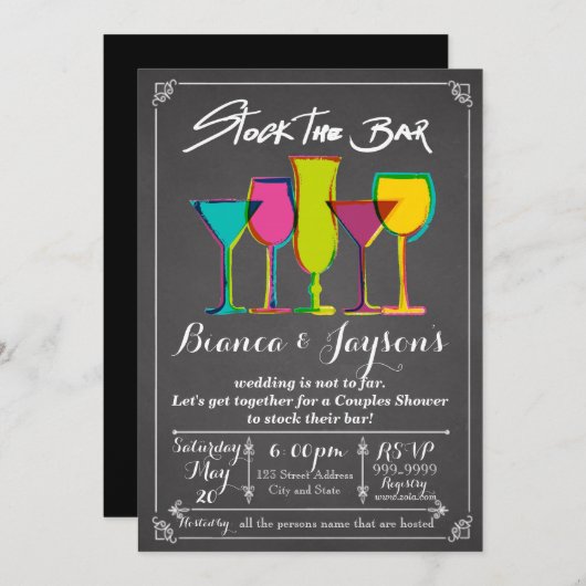Uitnodiging voor koppel bruisfeest 'Stock the Bar' (Voorkant / Achterkant)