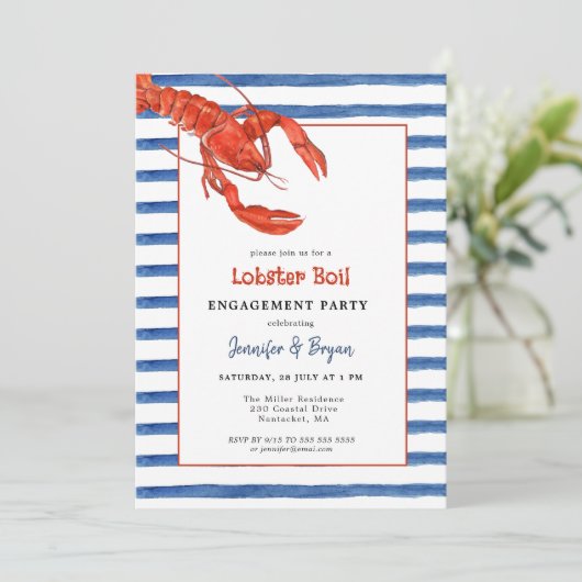 Uitnodiging voor koppel verlovingsfeest met kreeft (Staand voorkant)