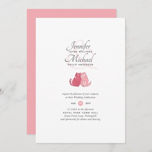 Uitnodiging voor koraalbruiloft met moderne katten (Voorkant / Achterkant)