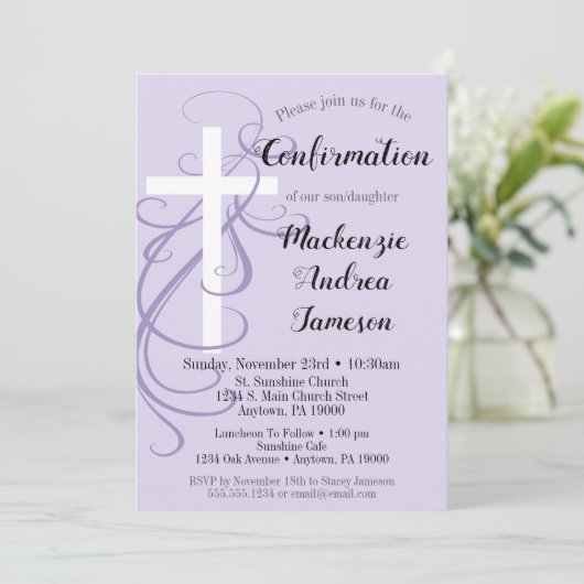 Uitnodiging voor kruisbevestiging lavender Swirl (Staand voorkant)