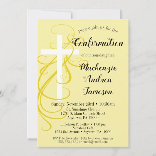 Uitnodiging voor kruisbevestiging met gele wervelk (Voorkant)