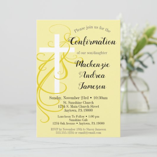 Uitnodiging voor kruisbevestiging met gele wervelk (Staand voorkant)