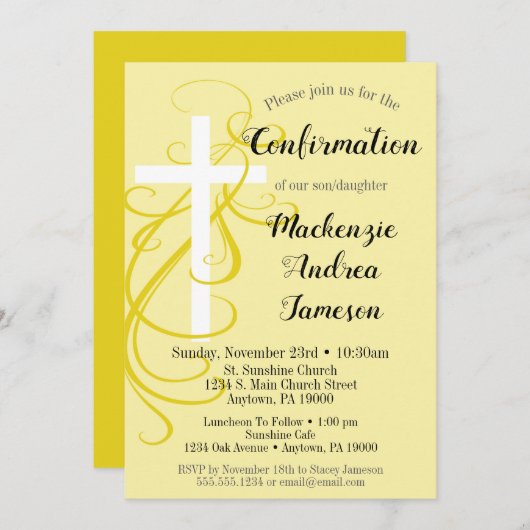 Uitnodiging voor kruisbevestiging met gele wervelk (Voorkant / Achterkant)