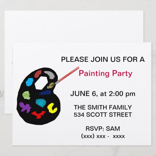Uitnodiging voor kunstschilderende partij (Voorkant / Achterkant)