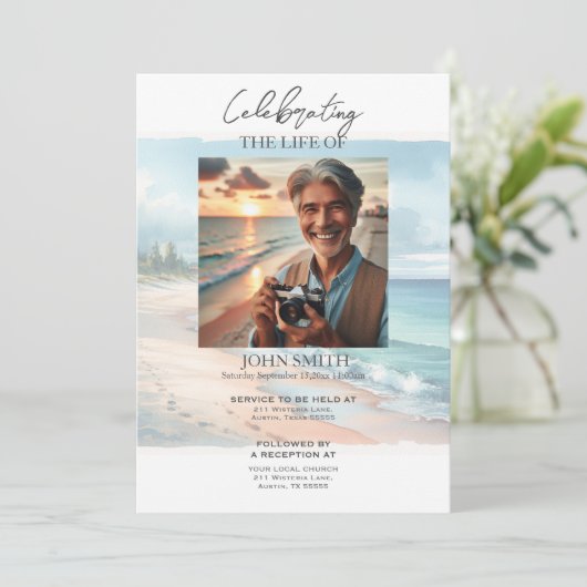 Uitnodiging voor kuststrand begrafenisdienst (Staand voorkant)