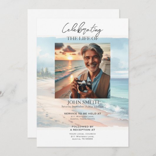 Uitnodiging voor kuststrand begrafenisdienst (Voorkant / Achterkant)