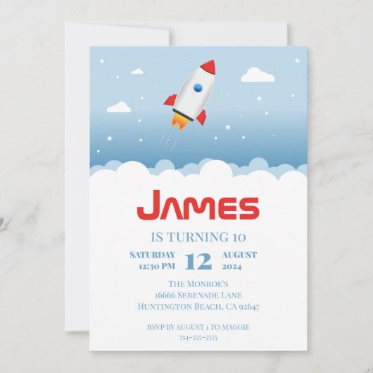 Uitnodiging voor lancering van Rocket Ship Birthda (Voorkant)