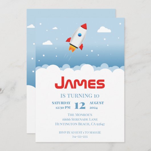 Uitnodiging voor lancering van Rocket Ship Birthda (Voorkant / Achterkant)