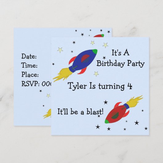 Uitnodiging voor lancering van Rocket Ship Birthda (Voorkant / Achterkant)