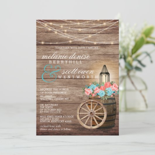 Uitnodiging voor landlicht Blauwgroen en koraalblo (Staand voorkant)