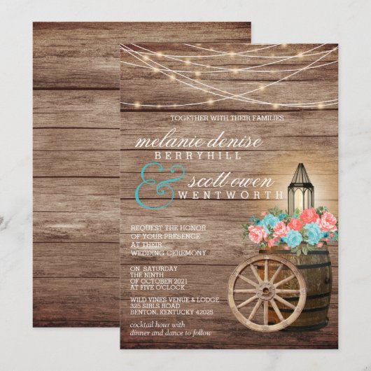 Uitnodiging voor landlicht Blauwgroen en koraalblo (Voorkant / Achterkant)