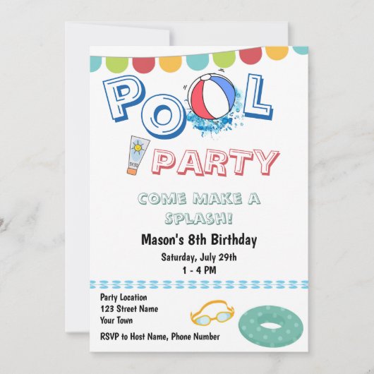 Uitnodiging voor leuk zwembadfeest (Voorkant)