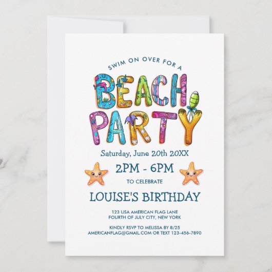 Uitnodiging voor levendig strandfeest (Voorkant)