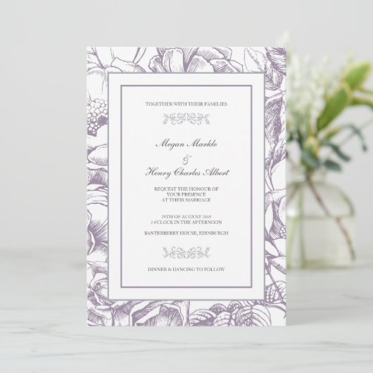 Uitnodiging voor lila en grijze botanische bruilof (Staand voorkant)