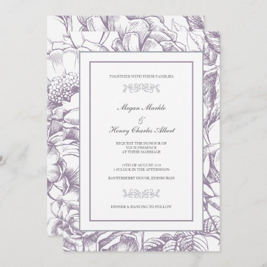 Uitnodiging voor lila en grijze botanische bruilof (Voorkant / Achterkant)