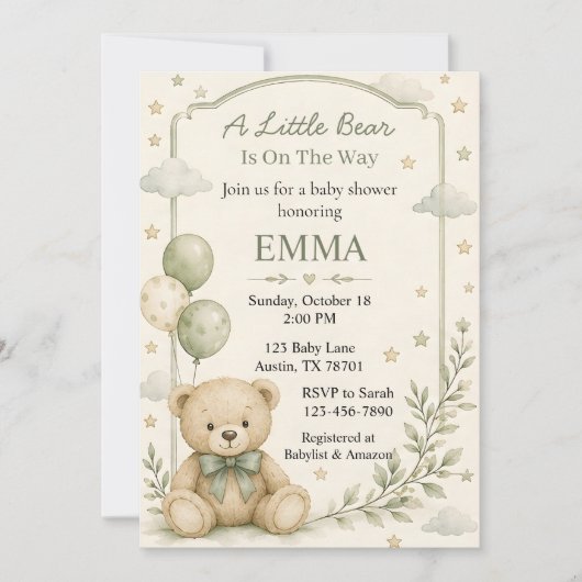 Uitnodiging voor Little Bear Baby Shower (Voorkant)