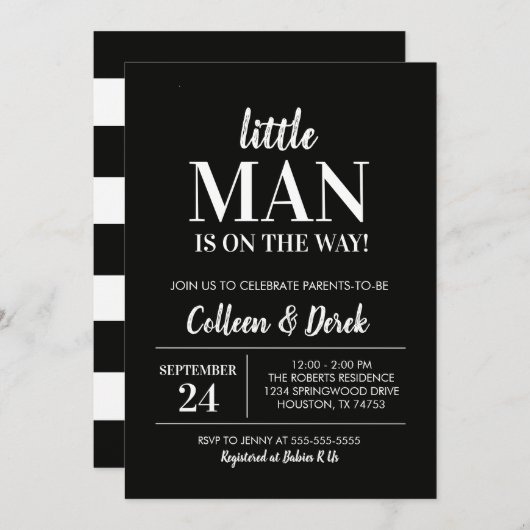 Uitnodiging voor Little Man Black & White Baby Sho (Voorkant / Achterkant)