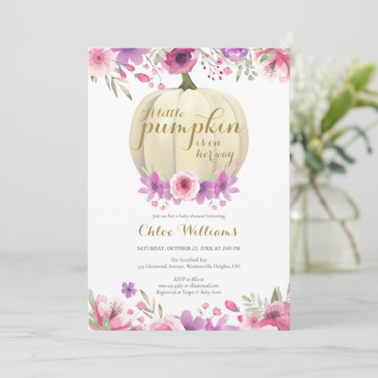 Uitnodiging voor Little Pumpkin Floral Girl Baby S (Staand voorkant)