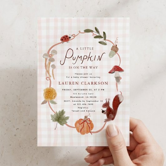 Uitnodiging voor Little Pumpkin Gingham Herfst Bab