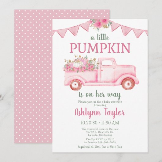 Uitnodiging voor Little Pumpkin Girl Baby Sprinkle (Voorkant / Achterkant)
