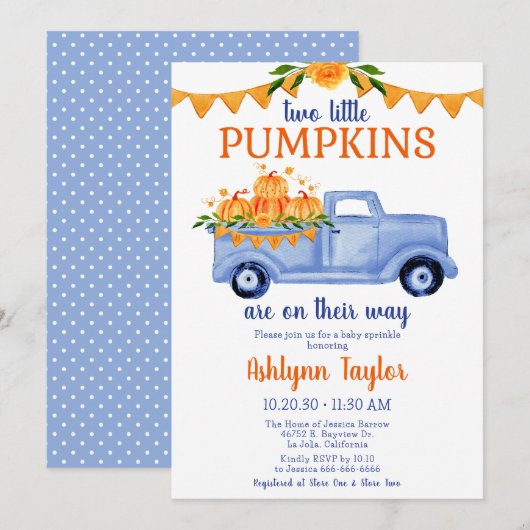 Uitnodiging voor Little Pumpkin Tweeling Jongens B (Voorkant / Achterkant)