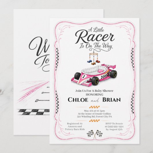 Uitnodiging voor Little Racer-wiegfeestje (Voorkant / Achterkant)