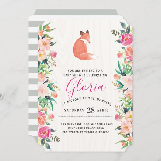 Uitnodiging voor Little Red Fox Floral Baby Shower (Voorkant / Achterkant)