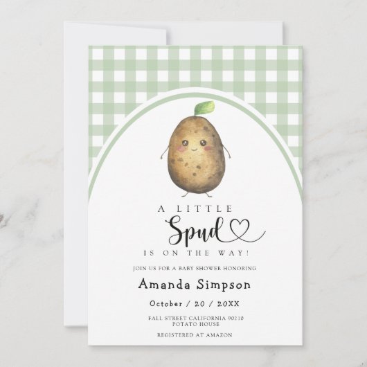 Uitnodiging voor Little Spud Baby shower (Voorkant)