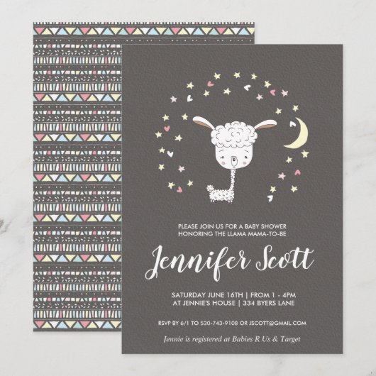 Uitnodiging voor Llama Baby Shower (Voorkant / Achterkant)