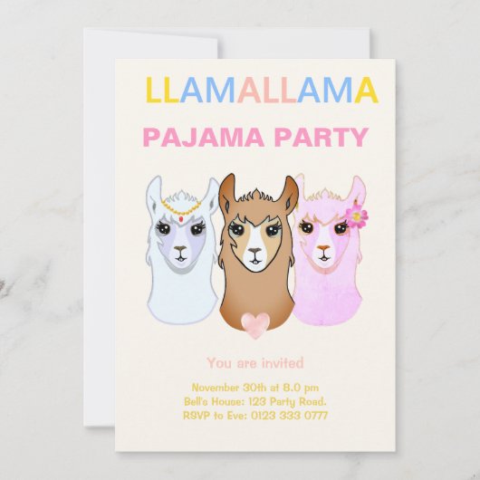 Uitnodiging voor Llama Pyjama Feestje (Voorkant)