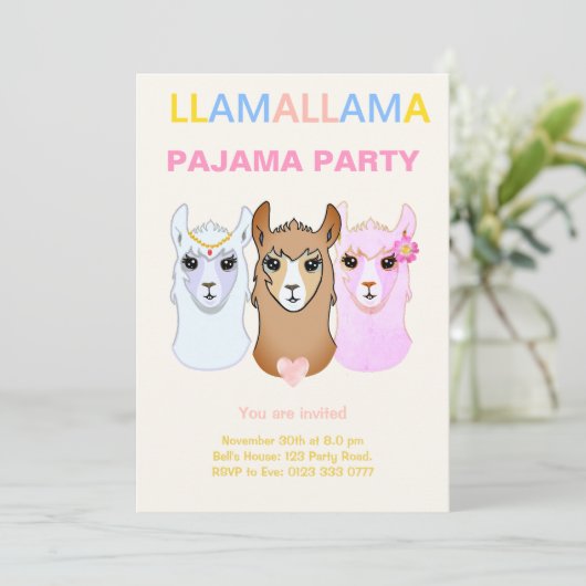 Uitnodiging voor Llama Pyjama Feestje (Staand voorkant)