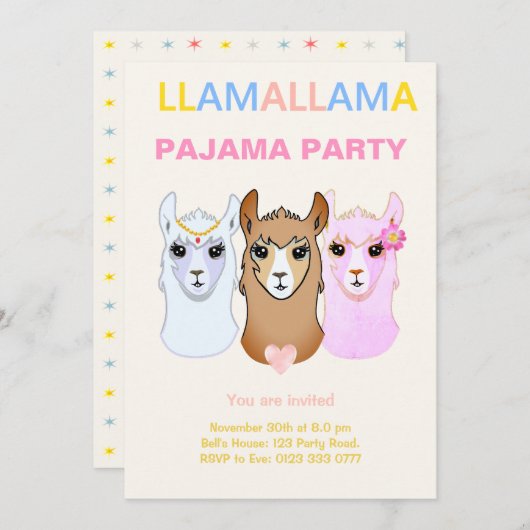 Uitnodiging voor Llama Pyjama Feestje (Voorkant / Achterkant)