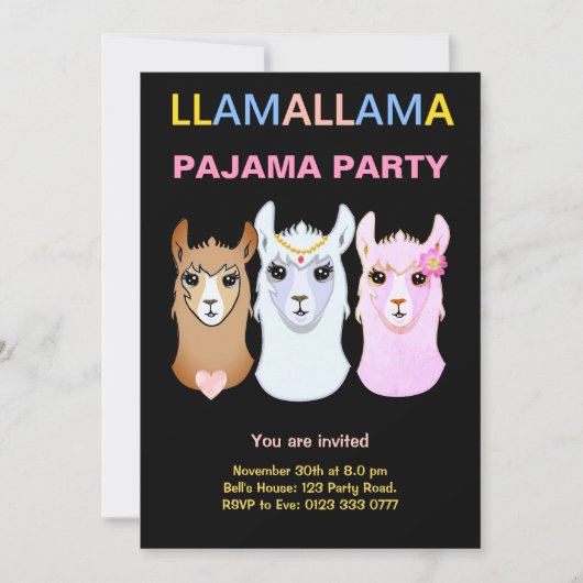 Uitnodiging voor Llama Pyjama Feestje (Voorkant)