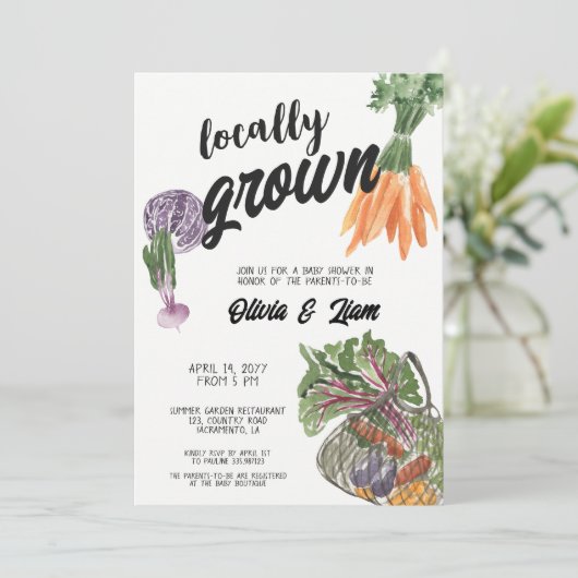 Uitnodiging voor lokaal geteeld Baby shower (Staand voorkant)