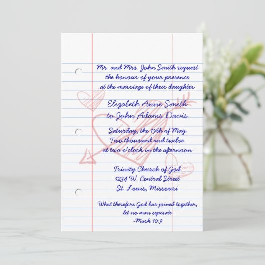 Uitnodiging voor losse Leaf Notebook Paper Wedding (Staand voorkant)