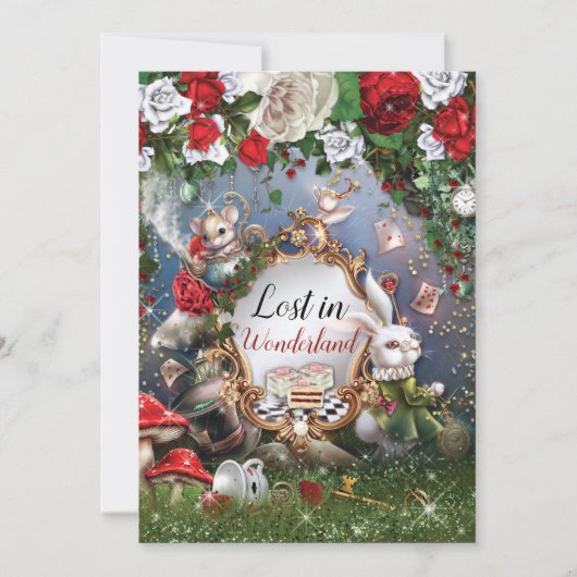 Uitnodiging voor Lost in Wonderland-feestje (Voorkant)