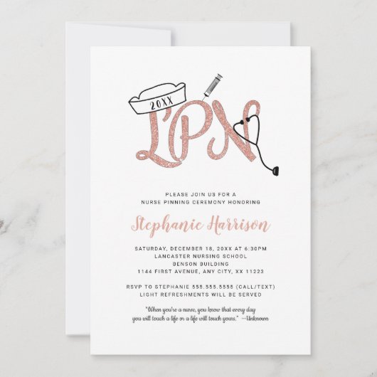 Uitnodiging voor LPN-speldceremonie, roze gouden g (Voorkant)