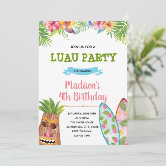 Uitnodiging voor luau-feest (Staand voorkant)